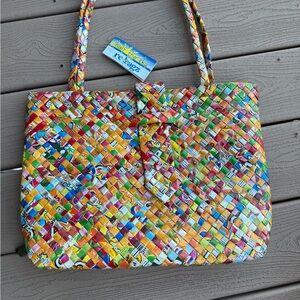 NWT handmade tote of woven fruit juice packs